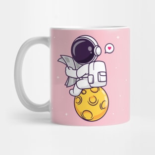 Cute Astronaut Reading Newspaper On Moon Cartoon Mug